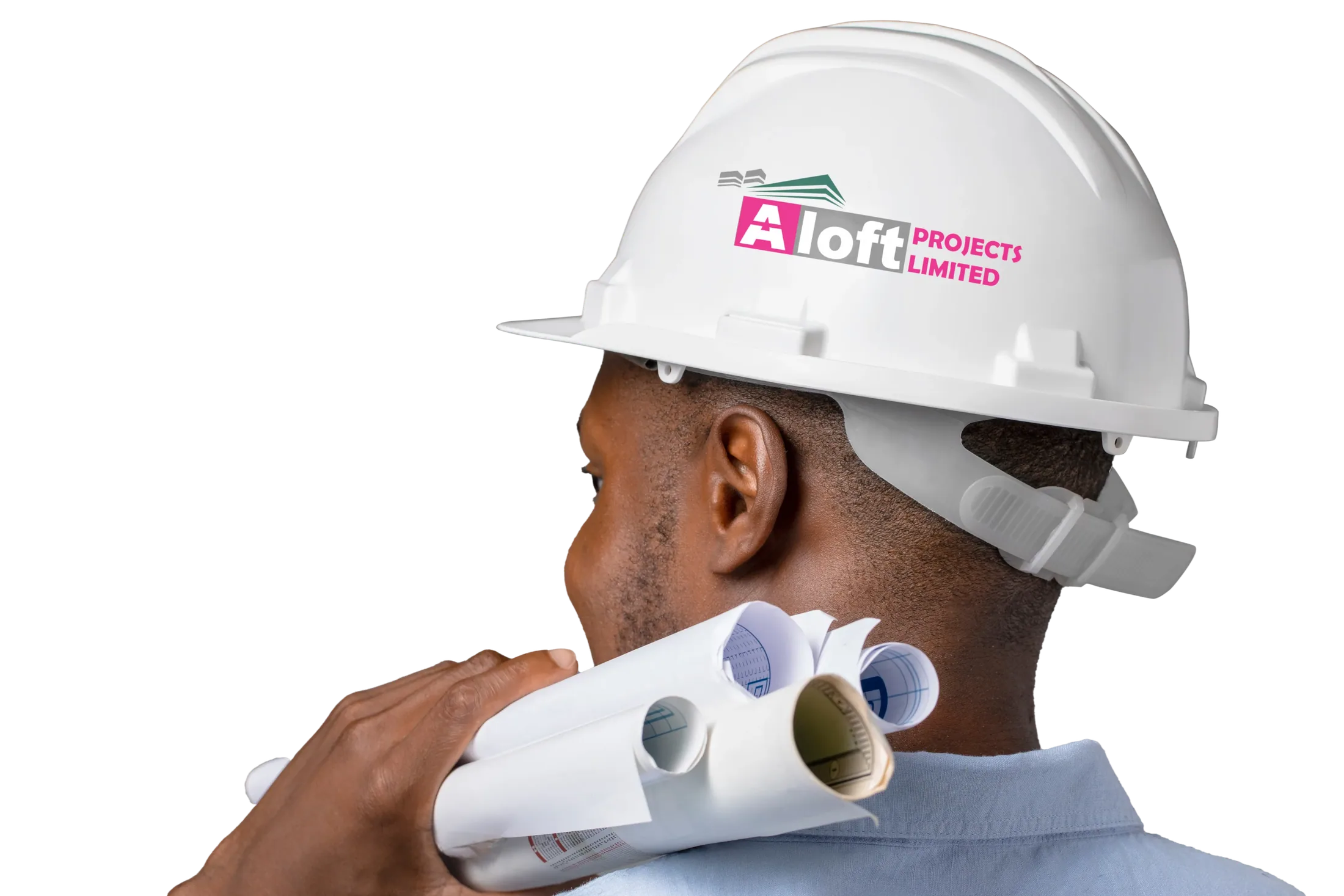 Aloft engineer in a branded hard hat carrying drawings