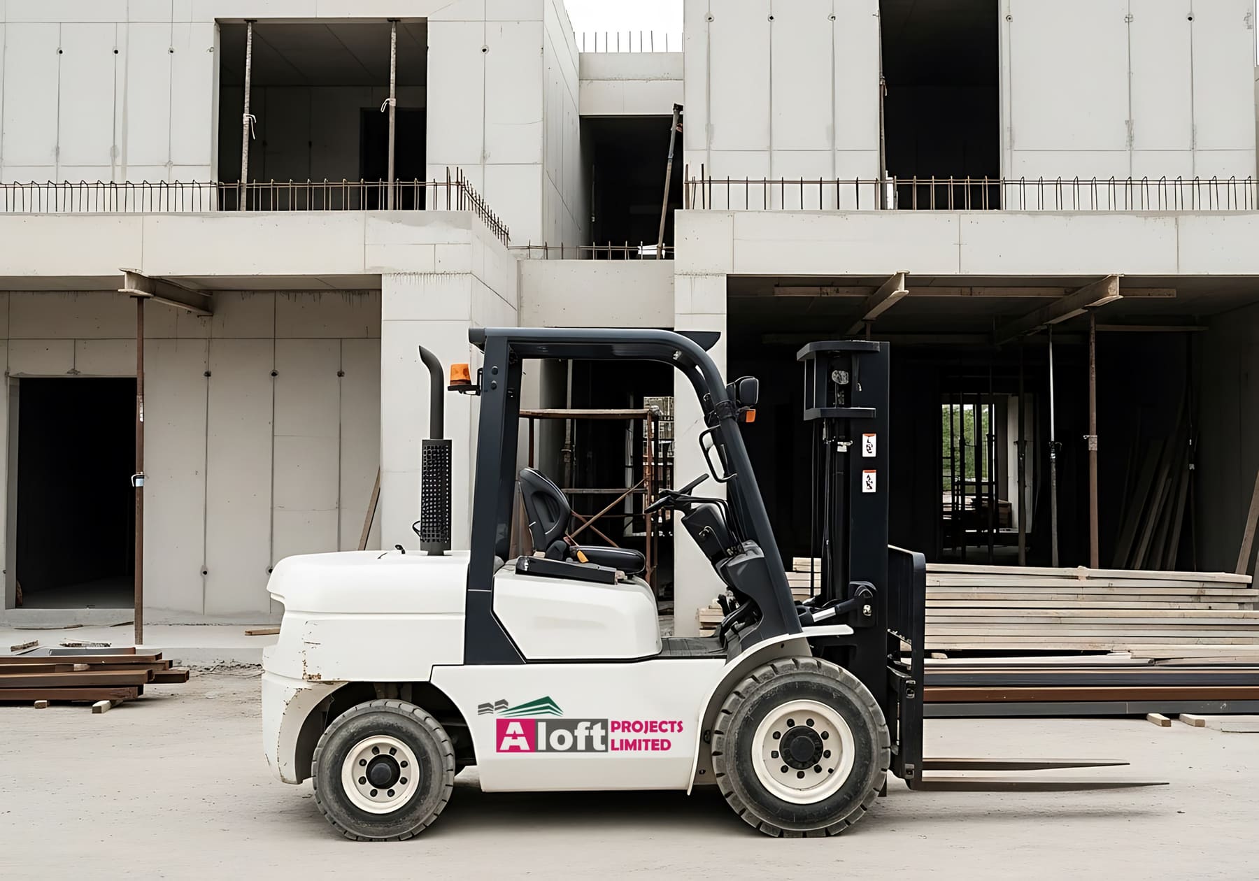 Aloft-branded forklift on a construction site