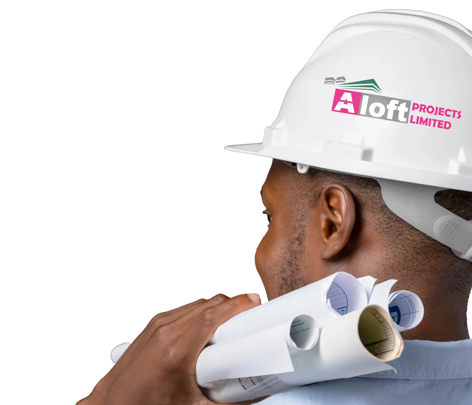 Aloft engineer in a branded hard hat carrying drawings
