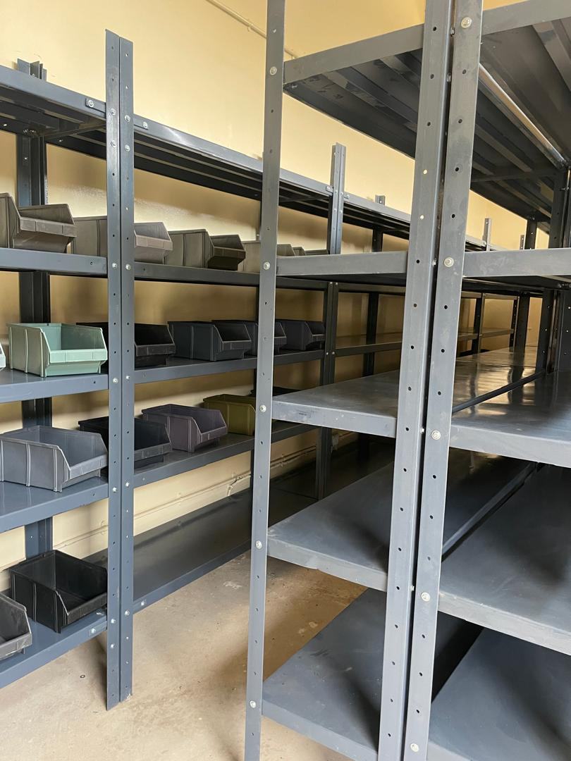 Steel racks with parts bins